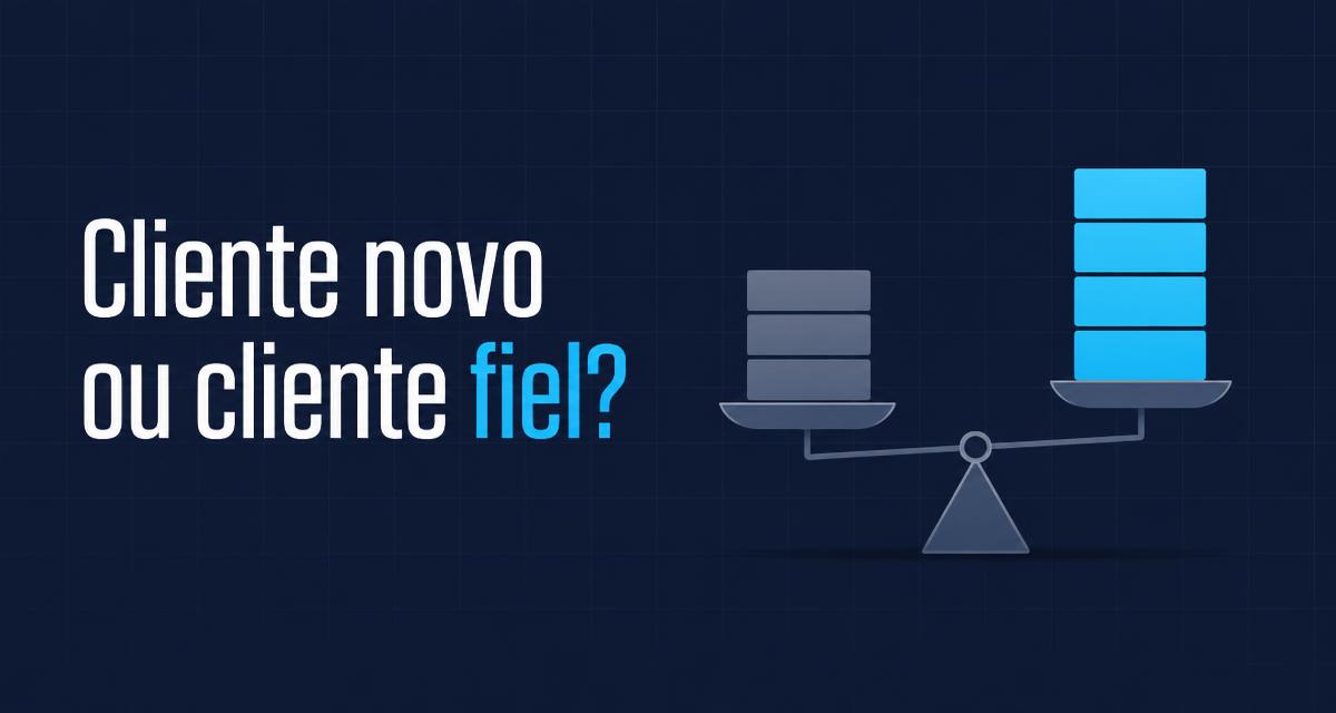 Capa: Cliente novo ou cliente fiel?, com uma balança pendendo para o lado do cliente fiel