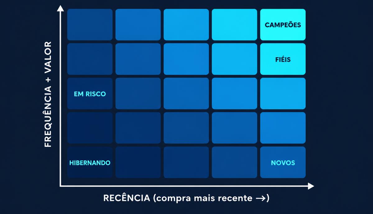 Matriz RFM em 5 por 5: a nota de recência cruzada com a média de frequência e valor, do grupo Perdidos aos Campeões